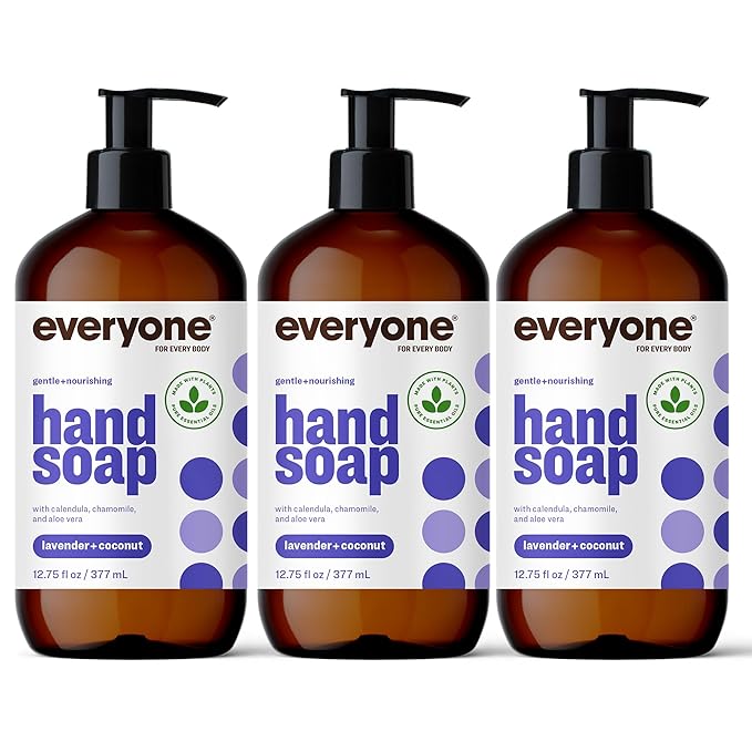Everyone 3-in-1 Soap Body Wash Bubble Bath Shampoo 32 Ounce (Pack of 2) Lavender and Aloe &amp Liquid Hand Soap 12.75 Ounce (Pack of 3) Lavender and Coconut Plant-Based Cleanser