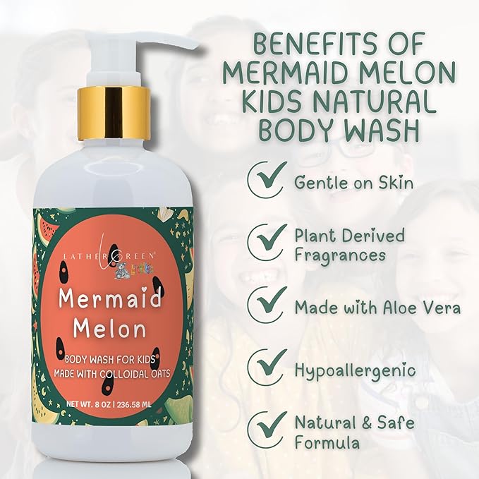 Kids Body Wash – Plant Based Gentle Moisturizer with Shea Butter – Safe for Sensitive Skin – Mermaid Melon – 3 Pack (8 oz Each)