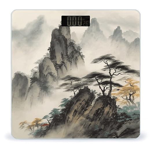 Chinese Landscape Painting Scale for Body Weight Anti-Slip Sturdy Tempered Glass Weighing Machine Highly Digital Accurate Bright LCD Bathroom Scale for Household Gift