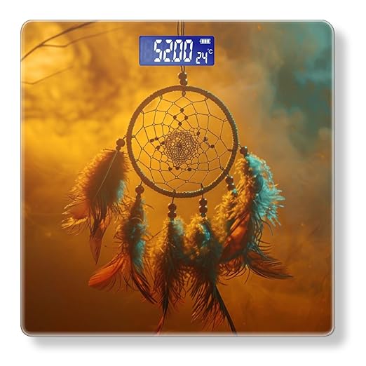 Digital Scale for Body Weight Highly Precision Bathroom Weight Scale 400 lbs with Backlit Display Personalized Scale for Home-Dreamcatcher Hanging in The Air with Orange and Blue Background