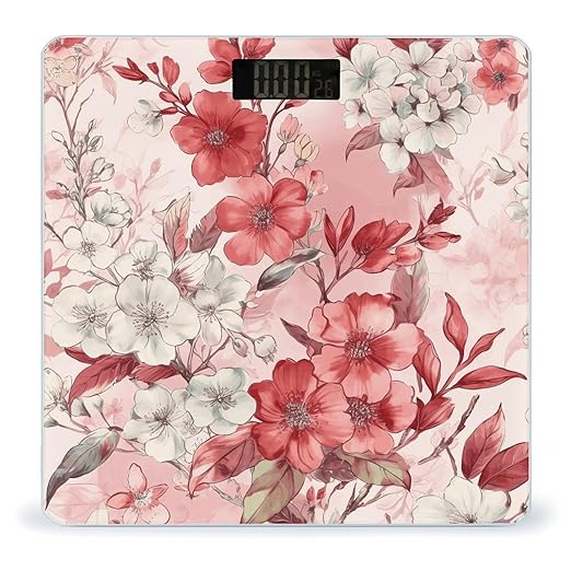 Peach Floral Pattern Scale for Body Weight Anti-Slip Tempered Glass Digital Bathroom Scales Clear LCD Display Weighing Scale Safe Rounded Corners Smart Scales