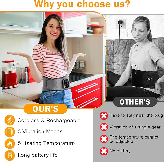 Cordless Heating Pad for Back Pain Relief Lumbar Massaager with Heat Heated Back Belt Abdomen Warmer Lumbar Support Rechargeable Heating Massage