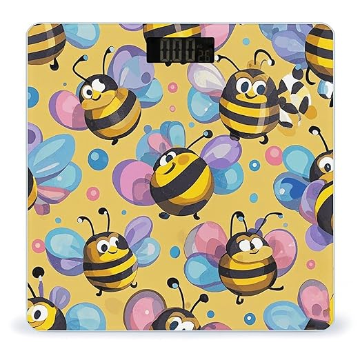 Cartoon Bee Pattern Scale for Body Weight Sturdy Tempered Glass Weighing Scales with LCD Display Accurate Digital Bathroom Scale Convenient Body Fat Smart Scales Easy Read