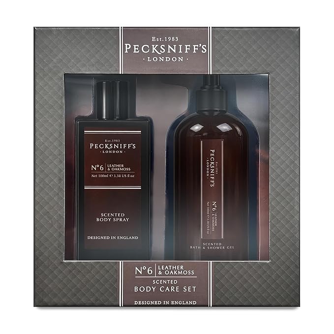 Pecksniff’s Men’s Body Duo Set – Leather &amp Oakmoss Scented Bath &amp Shower Gel 250ml &amp Body Spray 100ml – Luxury Grooming Gift Set for Him