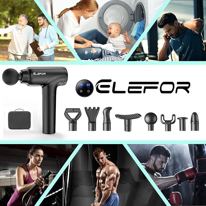 Elefor Massage Gun Deep TissuePercussion Back Massager Gun for Athletes Muscle Massage Gun for Pain Relief with 8 Massage Heads &amp 20 Speeds (Matte Black)
