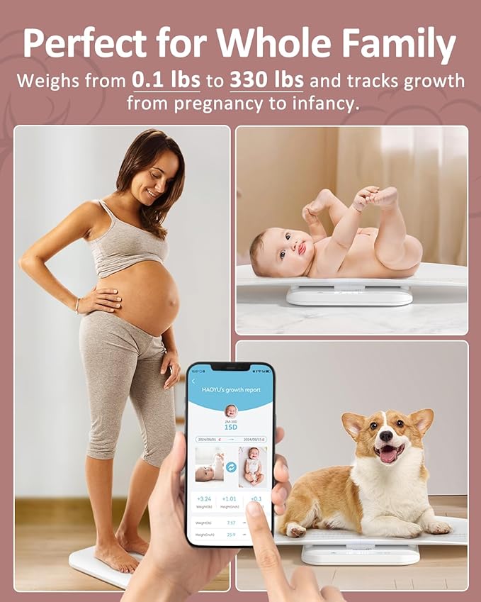 GROWNSY Smart Baby/Pet ScaleDigital Baby Weight Scale with App for Tracking Growth of Infant ToddlerPuppyand Cat—Supports Up to 330 lbs with Hold Function 27-inch Height Measurement5 Units