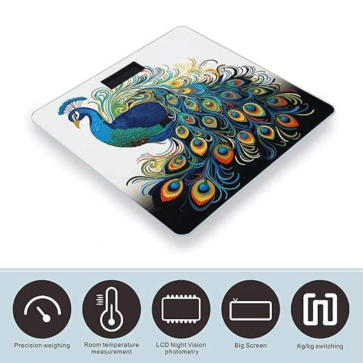 Peacock Pattern Bathroom Scale Rounded Smart Scale for Body Weight Automatic Power On/Off Weight Scales Accurate Bathroom Digital Scales for Pet Home Bedroom Kitchen