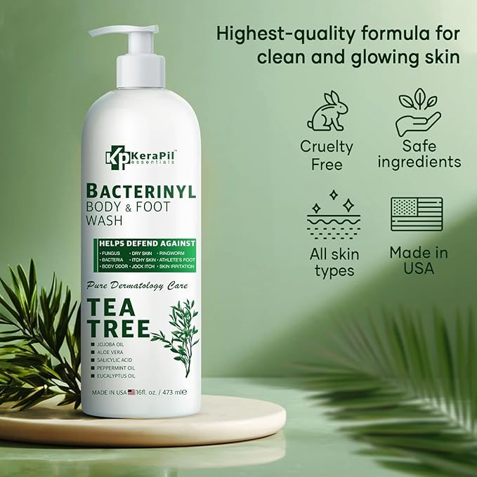 Bacterinyl Tea Tree Oil Body Wash - Antibacterial &amp Antifungal Support for Ringworm Body Odors Athlete’s Foot &amp Acne Helps Soothe Itchy Dry Skin - Made in USA (16 fl oz)
