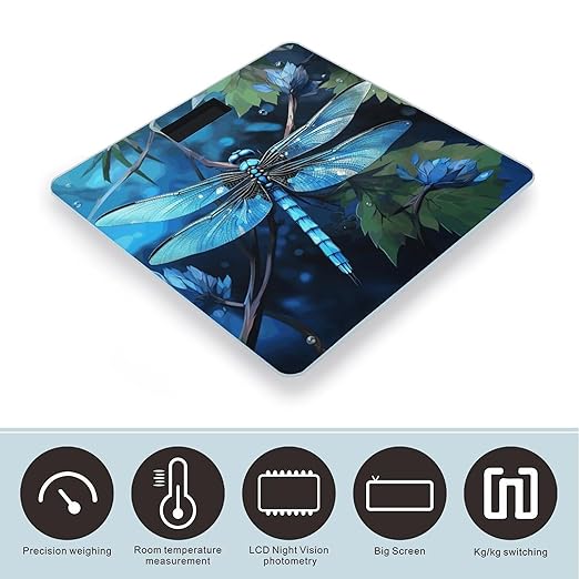 Art Blue Dragonfly Scale with LCD Precision Weighing Scales Sturdy Tempered Glass Weight Scales Easy-to-Read Anti-Slip Weight Digital Bathroom Scale for Daily