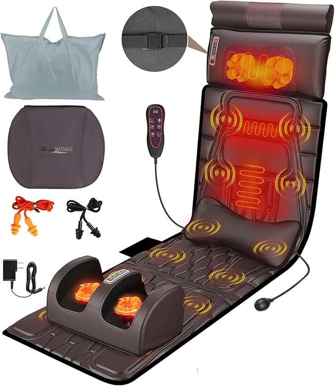 Full Body Massage Mat with Heat &amp Movable Shiatsu Neck Back Massager Pillow &amp Foot Massager Massage Mattress Pad with Top Pillow &amp Lumbar Support 12 Vibration Motors9 Massage Modes &amp