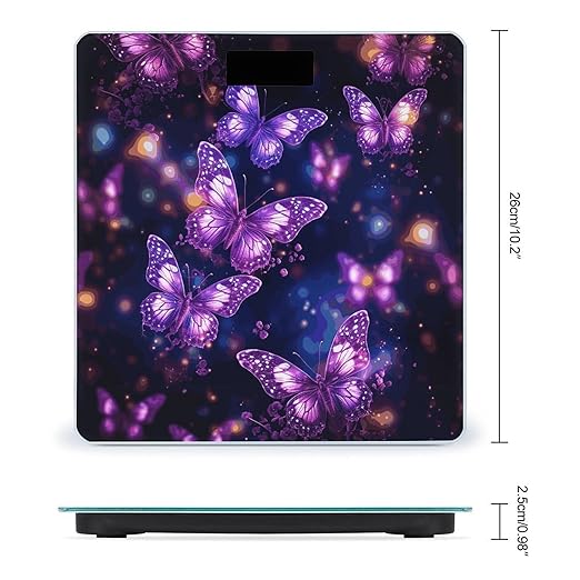 Purple Cute Butterfly Print Bathroom Scale for Body Weight Bathroom Weighing Scale with Backlit LCD Display Highly Accurate Measures Weight Up to 180kg
