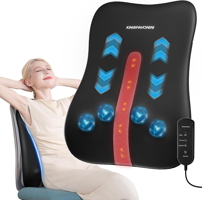 KingPavonini Back Massager for Pain Relief Deep Tissue Up-Down Rolling &amp Ultra-Slim Shiatsu Back Massager with Cushion Layer Lower Back Massage for Chair Home Office Gift for Men Women