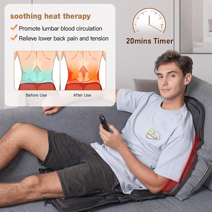SLOTHMORE Back Massage Chair Pad Back Massager with Heat for Pain Relief Chair Massager for Full Body Massage Deep Tissue Vibration Massger with 2 Adapters Chair Massager for Office and Recliner