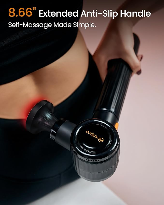 NAPRE Massage Gun with HeatMassage Gun Deep Tissue with Extension Handle &amp 3 Adjustable AnglesHandheld Percussion Back Massager for Muscle/Neck/Body Pain Relief6 Heads &amp Silentwith CaseBl