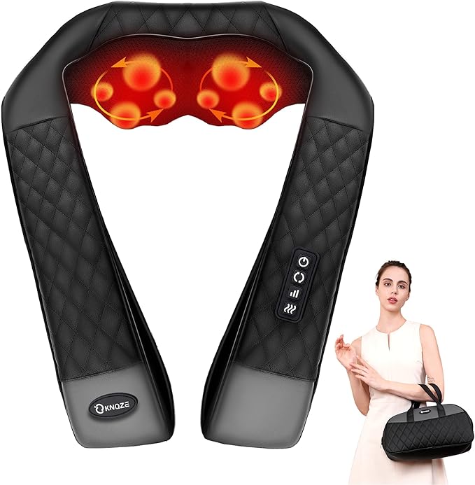 Neck Massager with Heat Shiatsu Neck and Back Massager 4D Deep Tissue Kneading for NeckBackShoulder Body Muscle Pain Relief Leather Handbag for Storage Gift for Men Women Mom Dad Plug-in Use