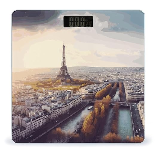 Aerial View of Paris Cityscape Digital Bathroom Scale for Body Weight with High Precision Digital Weighing Scale with BMI Clear LCD Display and Step-On Measures Weight Up to 180kg