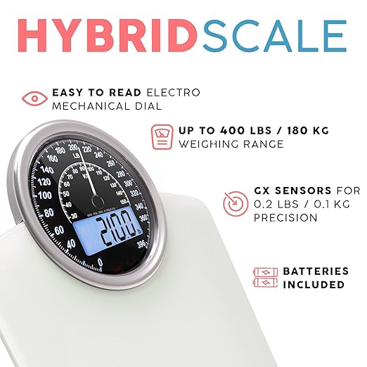 Adamson Hybrid 2-in-1 Analog &amp Digital Weighing Scale for Body Weight up to 400lbs + Thick Tempered Glass + Extra Large Display + Easy to Read Digital Bathroom Scale + New - White