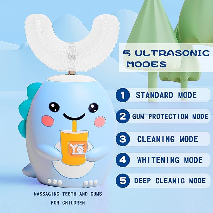 Kids U Shaped Electric Toothbrush with 4 Brush Heads Sonic Toothbrush Kids with 5 Modes Cartoon Dinosaur 360-Degree Cleaning IPX7 Waterproof Design (6-12 Age (Blue))