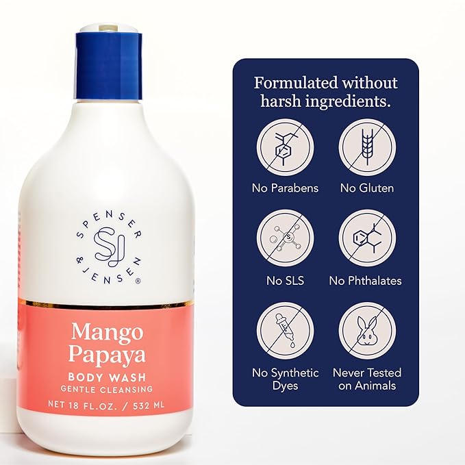Spenser &amp Jensen Daily Moisturizing Body Wash with Hydrating Mango &amp Papaya - Gentle &amp Cleansing Body Soap - Sulfate &amp Paraben Free - 18 Oz (Pack of 2)