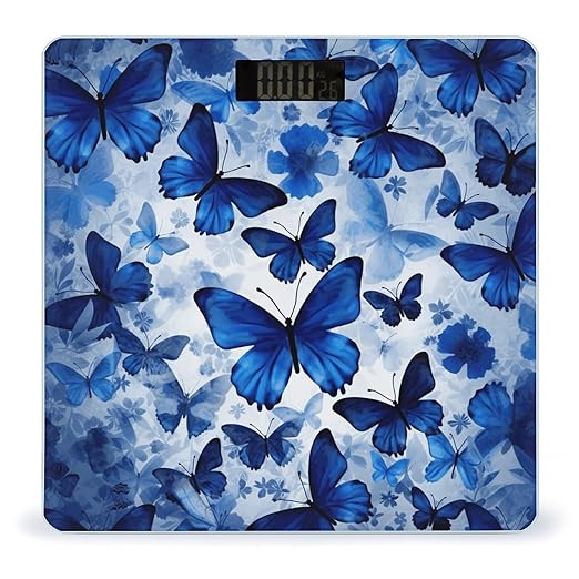 Blue Butterflies Scale for Body Weight Safe Rounded Corners Tempered Glass Digital Bathroom Scale LED Display 400lb Capacity Weight Scales with High Precision Sensors