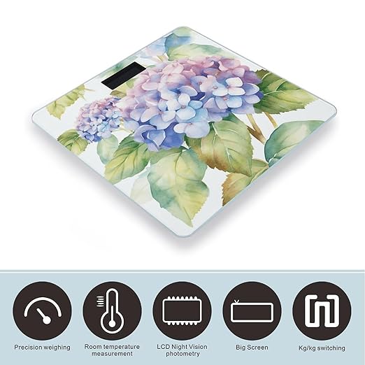 Hydrangea Watercolor Bathroom Scale for Body Weight LCD Display Digital Bathroom Scale Tempered Glass Bathroom Weight Scales Fashion Smart Scales for Home Bedroom 400 Lb