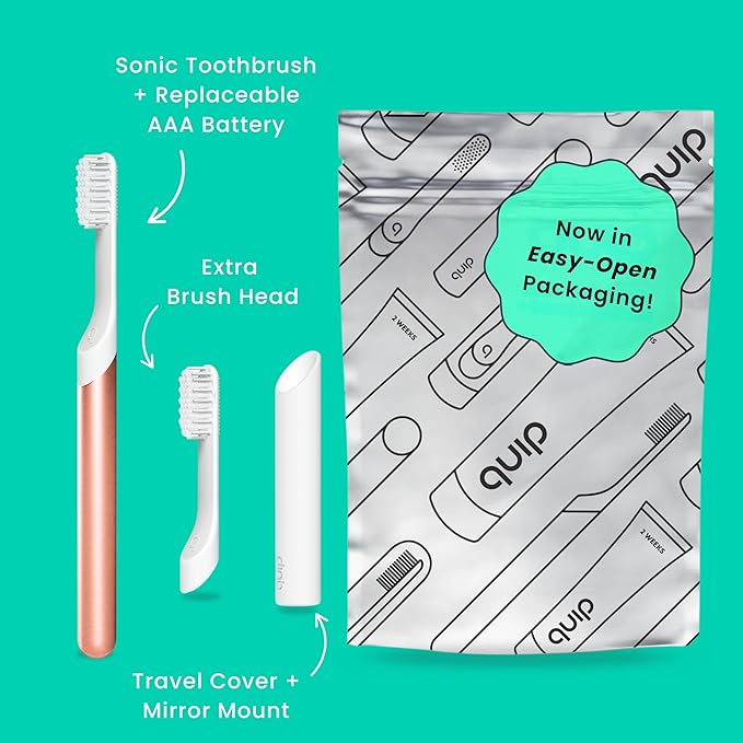 Quip Metal Sonic Electric Toothbrush for Adults - Time Travel &amp Soft Bristles with Travel Case &amp Replacement Brush Head - 3 Month Battery Life Copper