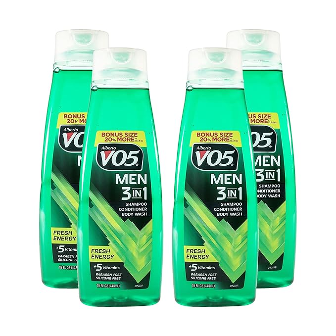 Alberto VO5 Men 3 in 1 Fresh Energy - Shampoo Conditioner and Body Wash - With 5 Oils and 5 Vitamins - Long Lasting Scent - 15 oz - Pack of 4