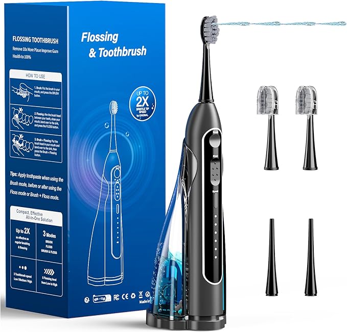 Electric Toothbrush with Water FlosserPortable Flossing Toothbrush White 8 ModeIPX8 WaterproofEquipped Brush Head and Nozzlefor Travel and Home-Black