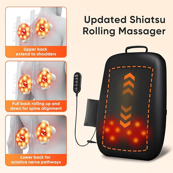 Shiatsu Back Massager with Heat 4D Deep Tissue Massage for Pain Relief Portable Rechargeable Electric Back Massager for Chair Home Office CarGift-Ready for Men Women