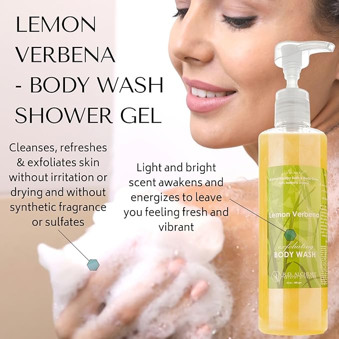 RD Alchemy - 98% Natural &amp Organic Lemon Verbena Body Wash Shower Gel - Light and Bright Scent to Awaken and Energize while Cleansing Exfoliating and Renewing