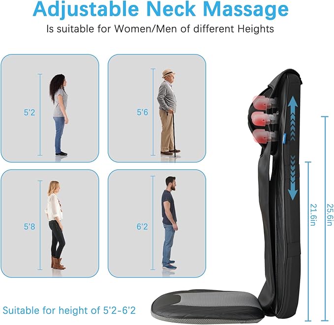 Shiatsu Neck &amp Back Massager with Heat Massage Chair Pad Cushion for Stress Relief Inflatable Flaps Back Support Kneading or Rolling Chair Seat MassageIdeal Gifts for MenWomenFamily