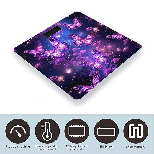 Purple Cute Butterfly Print Digital Bathroom Scale for Body Weight Weighing Scale with Backlit LCD Display High Precision Measurements &amp Measures Weight Up to 180kg