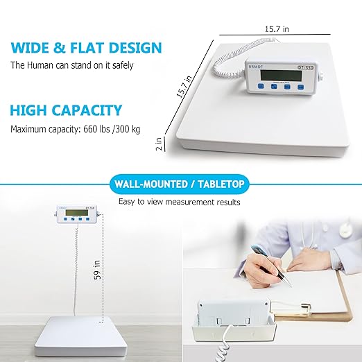 Digital Scales for Body Weight Heavy Duty for Hospital &amp Physician Use Large Digital Display and Base Desktop &amp Suspended Display Screen with Bracket Weigh Up to 660lbs/300kg (White DT-550