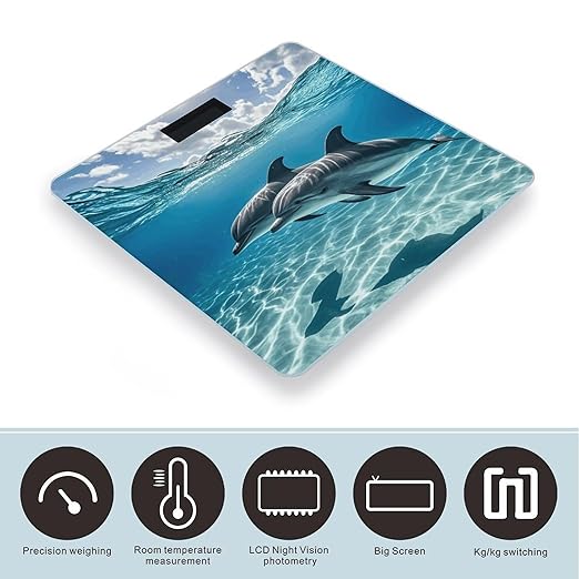 Dolphins in The Sea Weight Scale Large Digital Bathroom Scales with Bright LED Display Non Slip Digital Scale and Step On Fashion Weighing Machine for Body