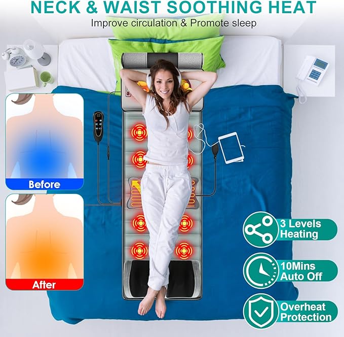 Full Body Massage Mat with Heat &amp Movable Shiatsu Neck Back Massager Pillow &amp Foot Massager Massage Mattress Pad with Top Pillow Lumbar Support 10 Vibration Motors 3 Heating Pads &amp 9 M
