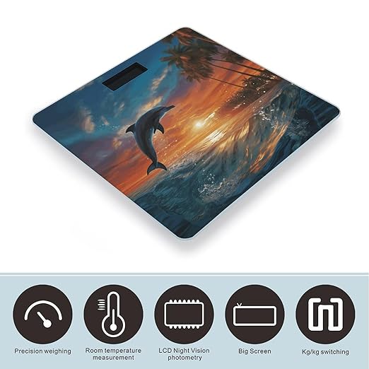 Dolphins and Palm Trees Scale for Body Weight Accurate Digital Bathroom Scale Toughened Glass High Precision Scales Smart Weight Scales with Large LCD Backlight Display Weighing Machine
