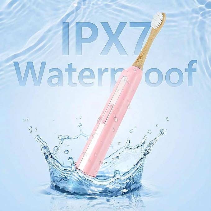 Bamboo Electric Toothbrush丨Rechargeable Electric Toothbrush with 4 Bamboo Heads Soft Castor Oil Bristles5 Moedes&amp3 Intensities 45 Days Battery Life IPX7 Waterproof-Pink