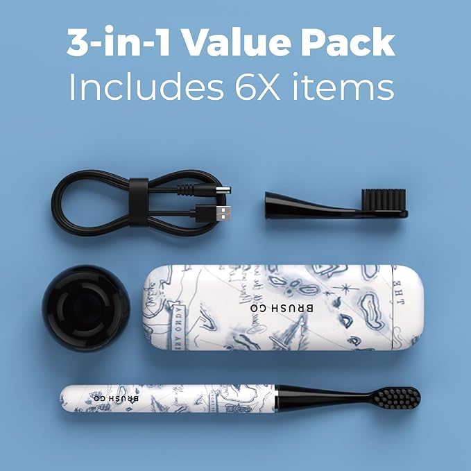 MIPOW Brush GO SlimPro i4 Electric Toothbrush Rechargeable Smart Ultra Sonic 3 Modes Travel Case &amp Ceramic Dock 60Day Battery Soft Bristles 2 Heads IPX7 Waterproof Color-Voyage Edition