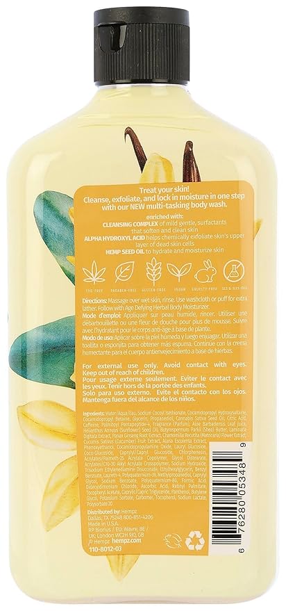 Hempz Body Wash Age Defying - Vanilla &amp Musk - Hydrating for Sensitive Skin Scented Exfoliating with Shea Butter Pure Hemp Seed Oil and Algae for Sensitive Skin - 17 fl oz