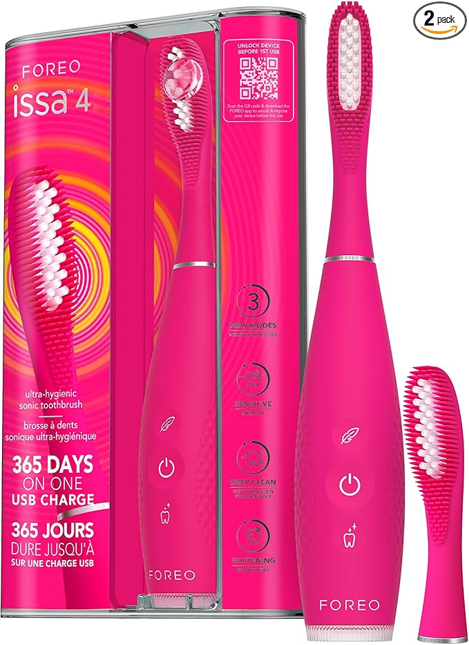 FOREO ISSA 4 Electric Toothbrush – 4-in-1 Rechargeable with Extra Brush Head Soft Bristles Long-Lasting Use Gentle Cleaning - Fuchsia