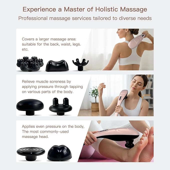 MEGAWISE Cordless Handheld Back Massager w/Rechargeable 3200mAh Battery 5 Speed and 5 +2 Massage Nodes with Hard Medium and 2 Soft Silicone Nodes Massage While Moving Around (Rose Gold)