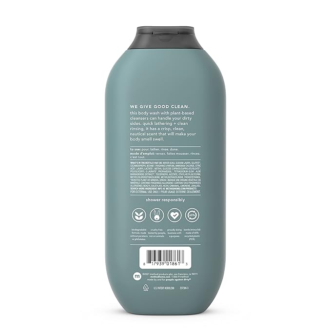 Method Men Body Wash Sea + Surf and Glacier + Granite Scents Paraben and Phthalate Free 18 FL Oz (Pack of 3) Plant-Based Cleansers