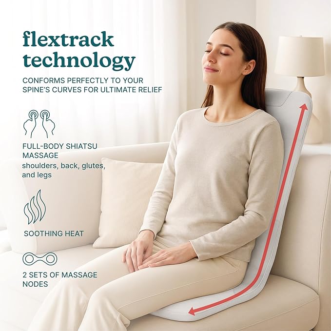Homedics ShiatsuFlex Massage Cushion Advanced Shiatsu Therapy FlexTrack Technology Deep-Kneading for Pain Relief in Back Shoulders &amp Leg Muscles Soothing Heat Lightweight &amp Portable