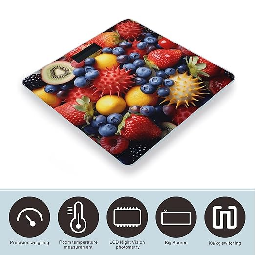 Yellow and Blue Fruits Scale for Body Weight Anti-Slip Tempered Glass Digital Bathroom Scales Clear LCD Display Weighing Scale Safe Rounded Corners Smart Scales