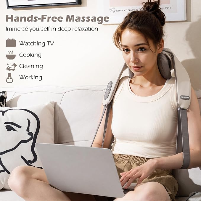 COSTWAY Neck Shoulder Massager with Heat 4D Deep Tissue Kneading Shiatsu Machine for Pain Relief Portable Cordless Neck Back Leg Massager Pillow Gift for Mom Dad Family Women Men (Beige)
