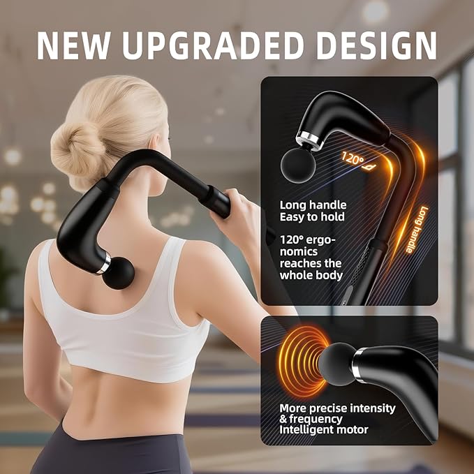 Massage Gun with Upgraded Extension HandleBack Massage Gun Deep TissueBack Massager for Pain Relief for Muscles Neck Shoulders Waist Arm Legs Foot4 Replaceable Heads &amp 9 Speeds (Black)