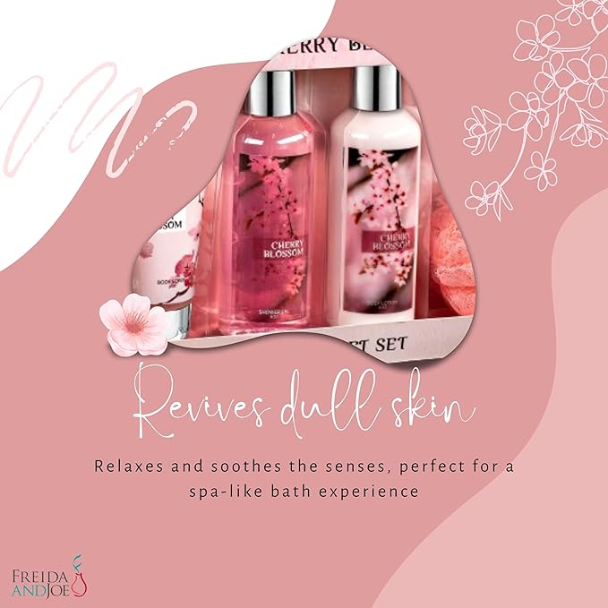 Fragrance Bath &amp Body Collection Gift Box Includes Shower Gel Body Lotion Body Scrub Bath Bomb &amp Sponge (Cherry Blossom) – Mother's Day Gift for Mom
