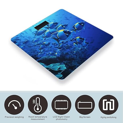 Blue Fishes Ocean Bathroom Scale for Body Weight Bathroom Weighing Scale with Backlit LCD Display Highly Accurate Measures Weight Up to 180kg