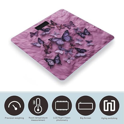 Butterflies are on Purple Background Bathroom Scale Automatic Power On/Off Body Scales LCD Backlight Display Square Digital Scale Rounded Corners Bathroom Scales for Home Bedrooms
