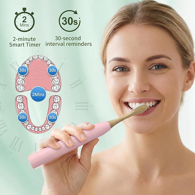 Bamboo Electric Toothbrush丨Rechargeable Electric Toothbrush with 4 Bamboo Heads Soft Castor Oil Bristles5 Moedes&amp3 Intensities 45 Days Battery Life IPX7 Waterproof-Pink